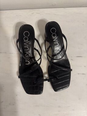 Calvin Klein Black Strappy Square-Toe Heeled Sandals with Croc Texture